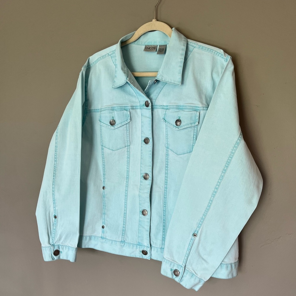 Chico’s Size 3 Women’s Denim Jacket Light Turquoise Blue
